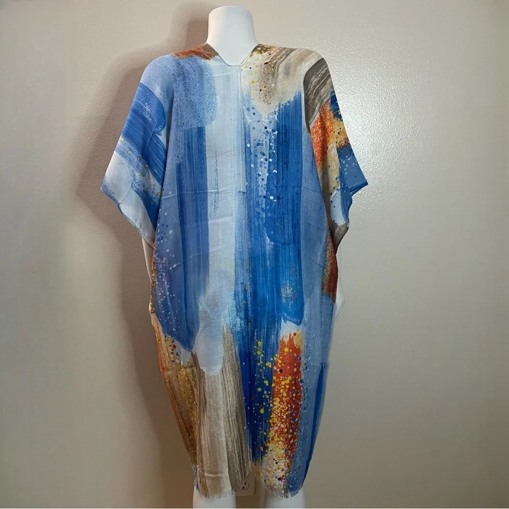Blue multi raw hem split sides kimono cover up - Picture 2 of 10